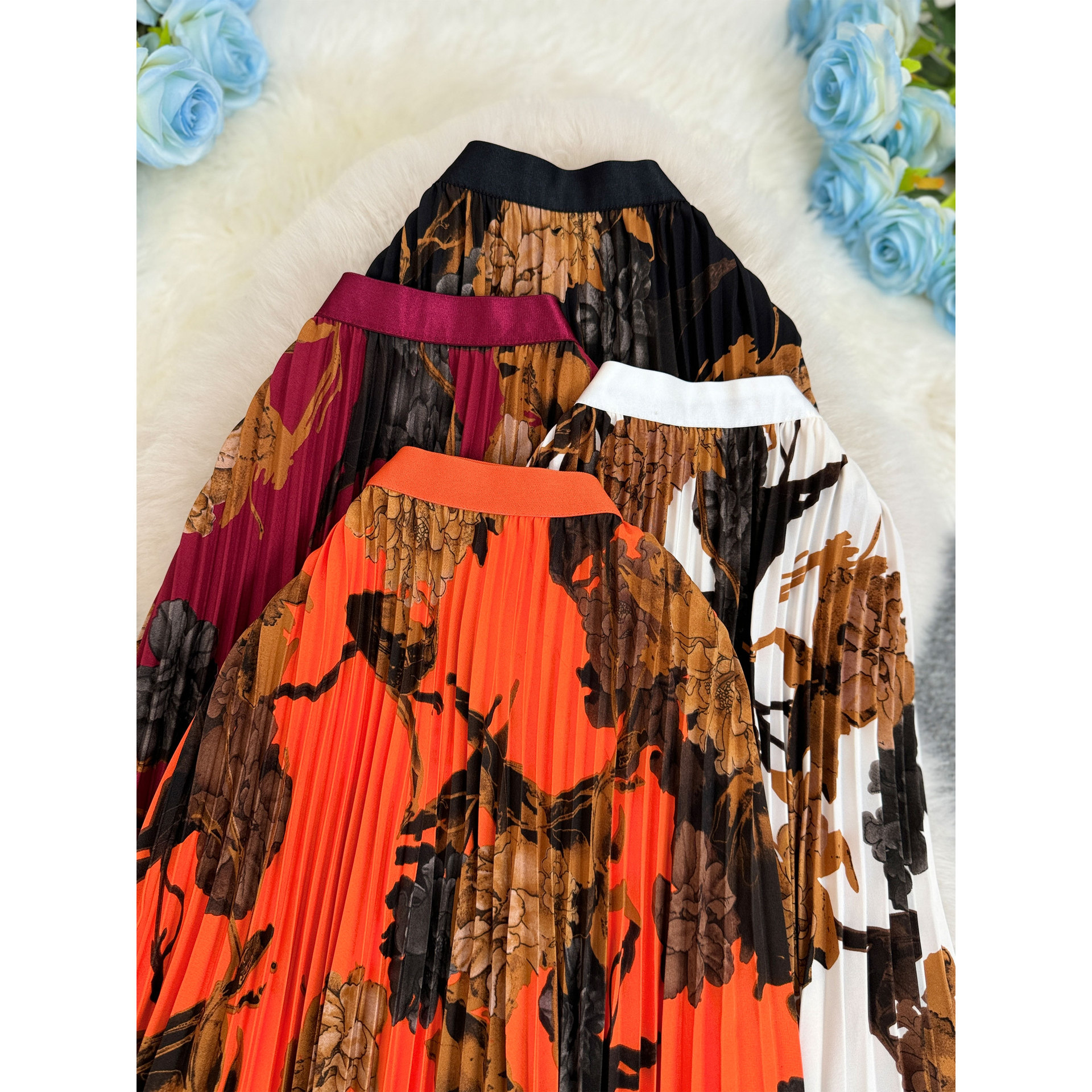 High End Retro Printed Midi Skirt for Women Classic Versatile Sophisticated Pleated A-Line Long Skirt from Europe America South Africa_voghion.com