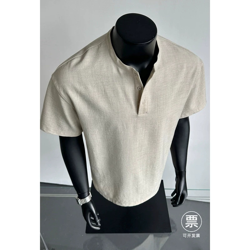 Old Money Style Faux Linen Henley Collar Short-Sleeve Textured Shirt T-Shirt, Lightweight and Cool Summer Men's Versatile Polo Shirt