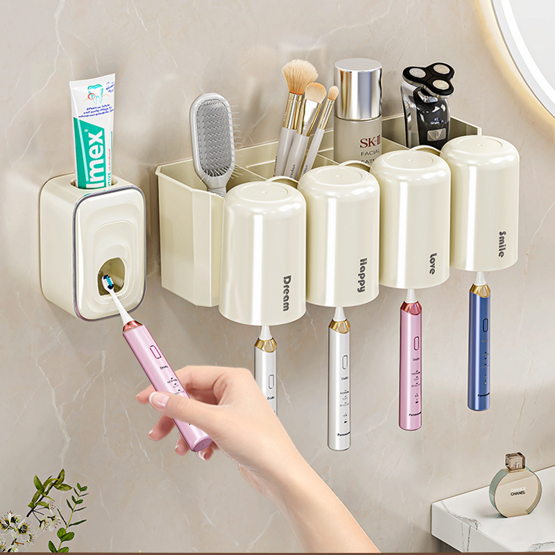 Cream Wind Hole-Free Wall-Hanging Toothbrush Holder with Toothpaste Squeezer, Bathroom Shower Cup Storage and Display Rack