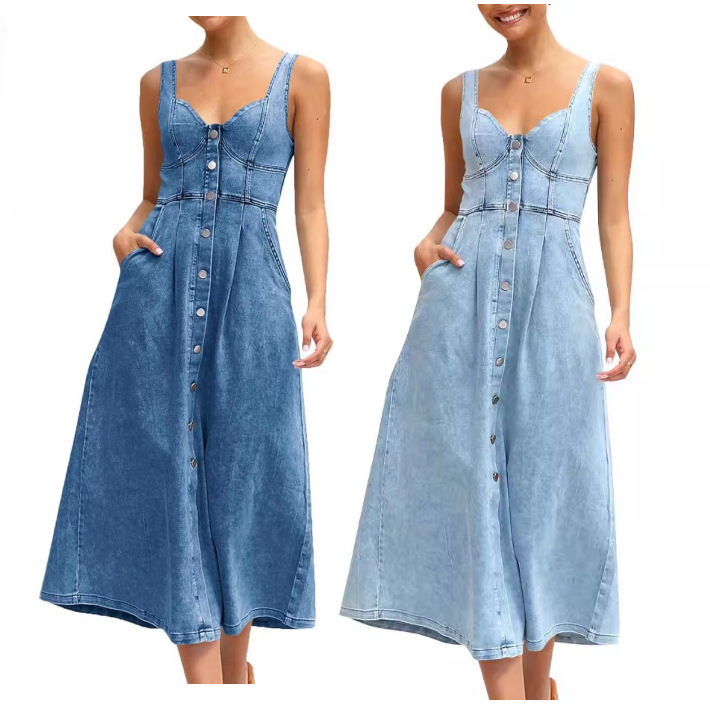 European and American Summer New Fashion Women's Solid Color Denim Strapless Sleeveless Multi-Button Pocket Midi Dress European and American Summer New Fashion Women's Solid Color Denim Strapless Sleeveless Multi-Button Pocket Midi Dress
