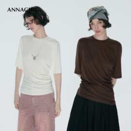 ANNACHIC松弛游戏_白色不对称褶皱设计短袖T恤女夏空气感亲肤上衣