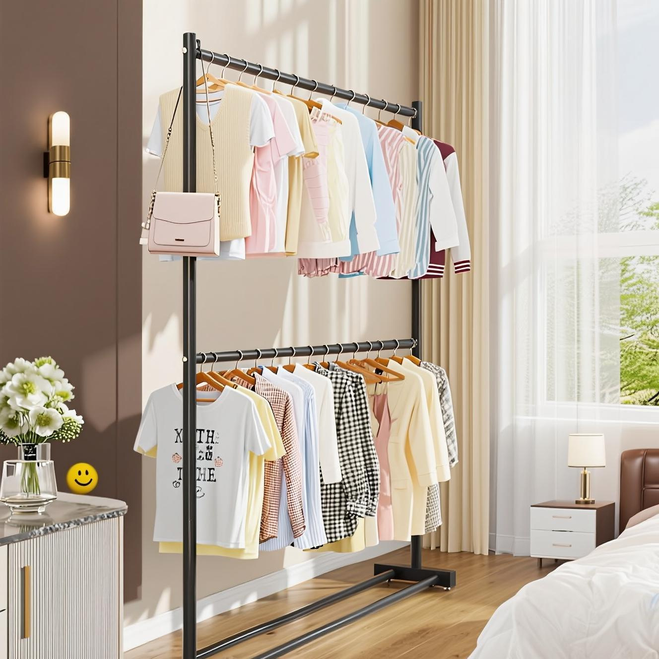 이중층 침실 옷걸이, 가을 겨울용 외투 걸이, 가정용 옷걸이, 빨래 건조대, 바퀴 달린 수납 선반
