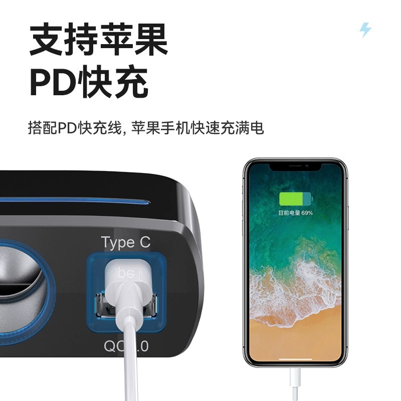Shunwei Car Charger Type C Compatible with Apple 17, Dual Cigarette Lighter Fast Charging Expansion Port Adapter USB