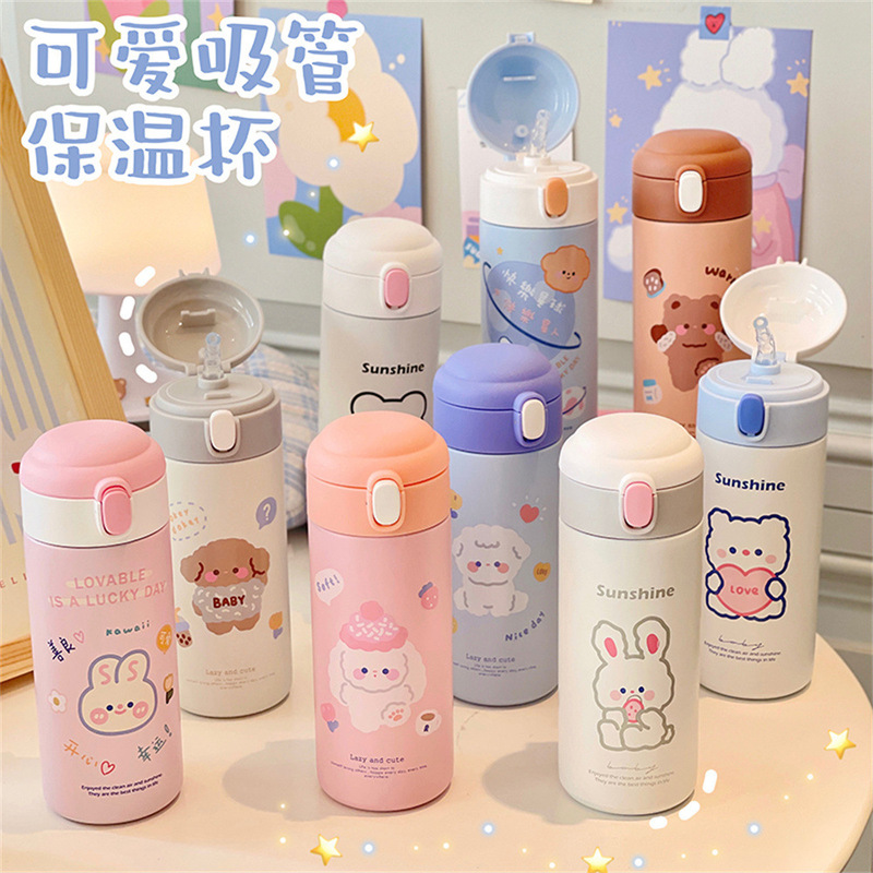 Cute Bear Suction Cup Thermos Pot Student Cartoon Bounce Water Cup ins Style Girl Heart Thermos Cup Customization