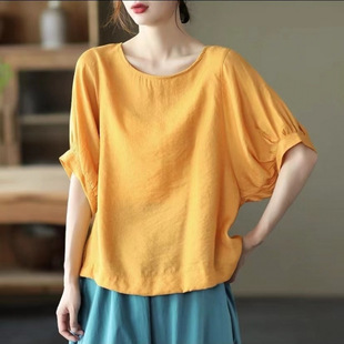Women's Summer Silk and Linen Short-Sleeved Red Shanghai Guangzhou Shenzhen Beijing Versatile Tops Doll Shirts Ethnic Style Retro