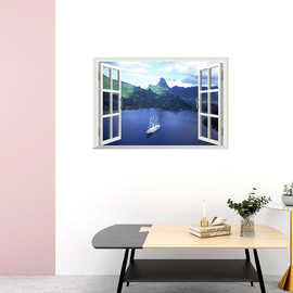 3D假窗蓝天白云湖面风景家居客厅楼梯背景墙装饰可移除贴纸JC021