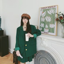 实拍时尚绿色西装套装女春秋气质法式吊带百褶连衣裙小西服两件套