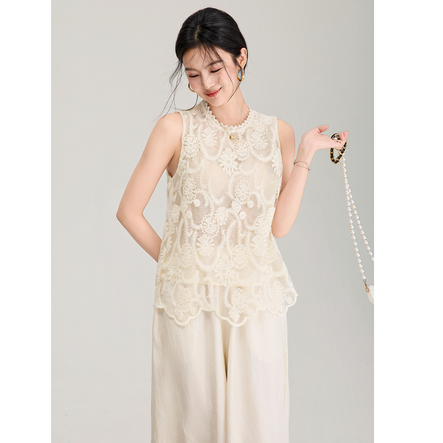Áo hai dây ren thêu sequin cổ tây không tay mùa hè — màu mơ