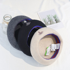 Japanese Empress Dowager's classic Saturn embroidery pure color versatile retro warm pure wool beanie hat for women