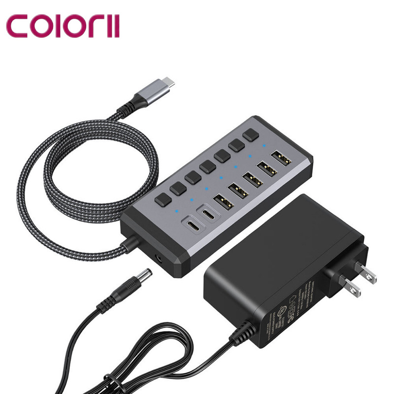 Usb3.2 Splitter with 7 Ports and Individual Switches, Type-C One-To-Seven Hub with Active Power Supply Docking Station