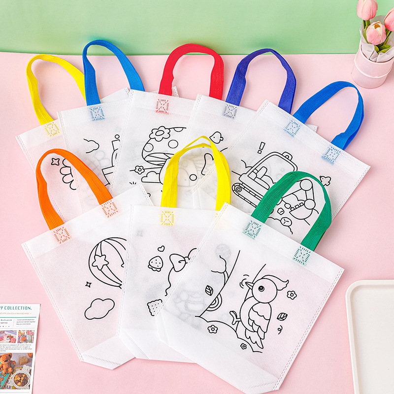 Bolso de graffiti de pintura de bricolaje hecho a mano para niños, regalo de jardín de infantes, dibujo de tela no tejida de dibujos animados, bolsa de tela de mano para colorear