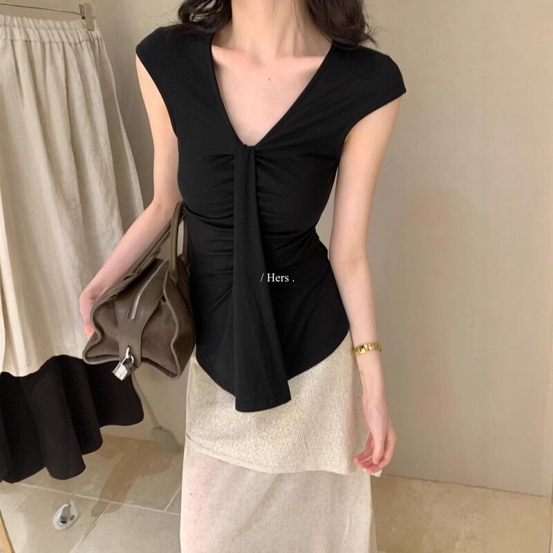 Hers Sweet Summer Women's Korean Style Simple Elegant Pleated Waist Slimming V-Neck Blouse 80415