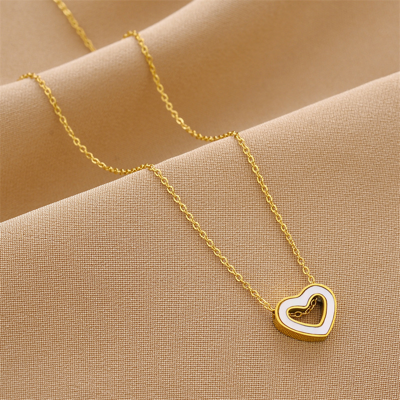 13g Weight Shell Inlay Material Necklace Classification cable chain Chain Type 1 Piece Quantity Fashion Heart Shape Titanium Steel Plating Hollow Out Inlay Shell Necklace 1 Piece