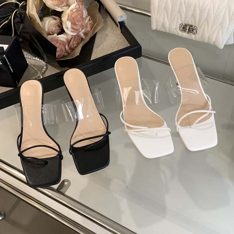 2024 Spring and Autumn New Women's Sandals with Transparent Thin Heels, Clip-Toe Square Toe Open-Toe High Heels, Niche Fairy Style