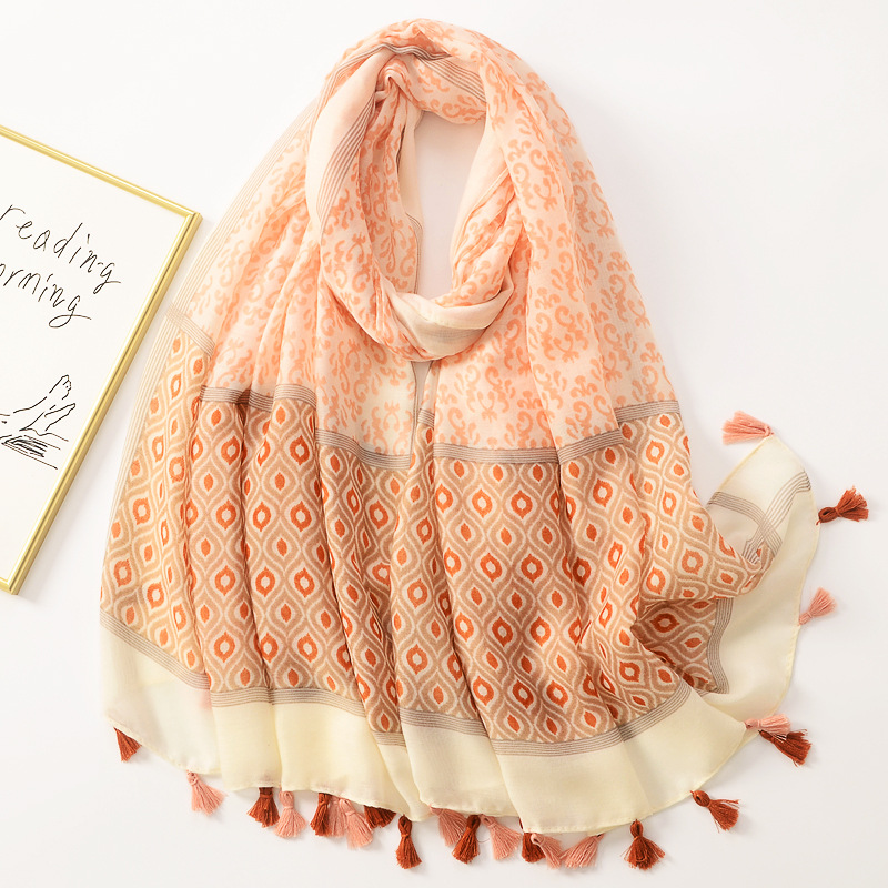 Primavera retro de algodón y lino sensación bufanda geométrica costura impresión borla bufanda viaje decorativo chal Toalla de playa para las mujeres