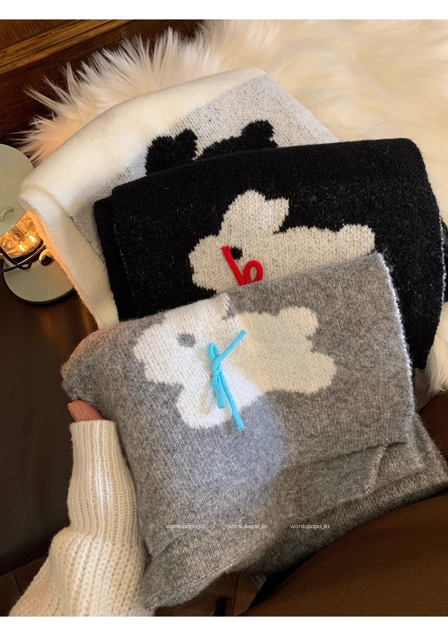 Winter 2024 New Warm Knitted Female Cute Rabbit Bow Leisure Outdoor Windproof and Cold resistant Scarf_voghion.com