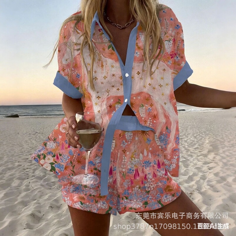 Cross-Border Amazon Beach Shorts Short-Sleeved Shirt Set for Women Multi-Colored Holiday Floral 3D Digital Print Casual Cross-Border Amazon Beach Shorts Short-Sleeved Shirt Set for Women Multi-Colored Holiday Floral 3D Digital Print Casual