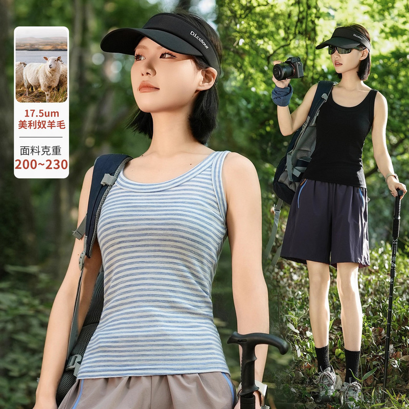 Merino Wool Vest Women's Outdoor Stripesd Inner Merino Pure Color Bottoming Shirt Quick-Drying Sports Top L03