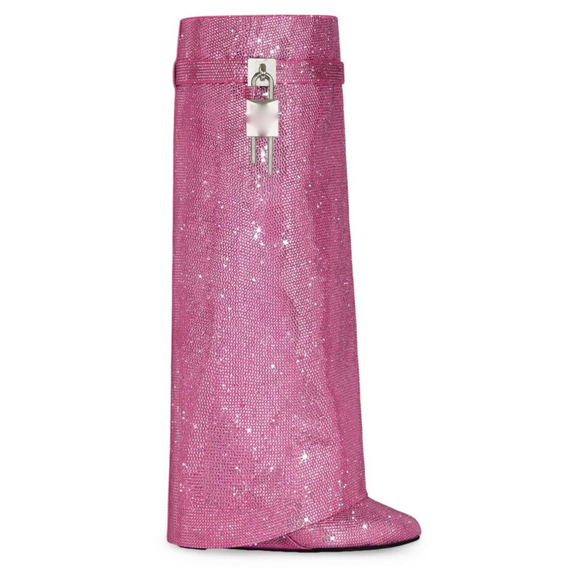 Cross-Border Foreign Trade Pointed Toe Wedge High Heels Full Rhinestone Shark Boots with Lock Buckle Knee-High Boots Large Size