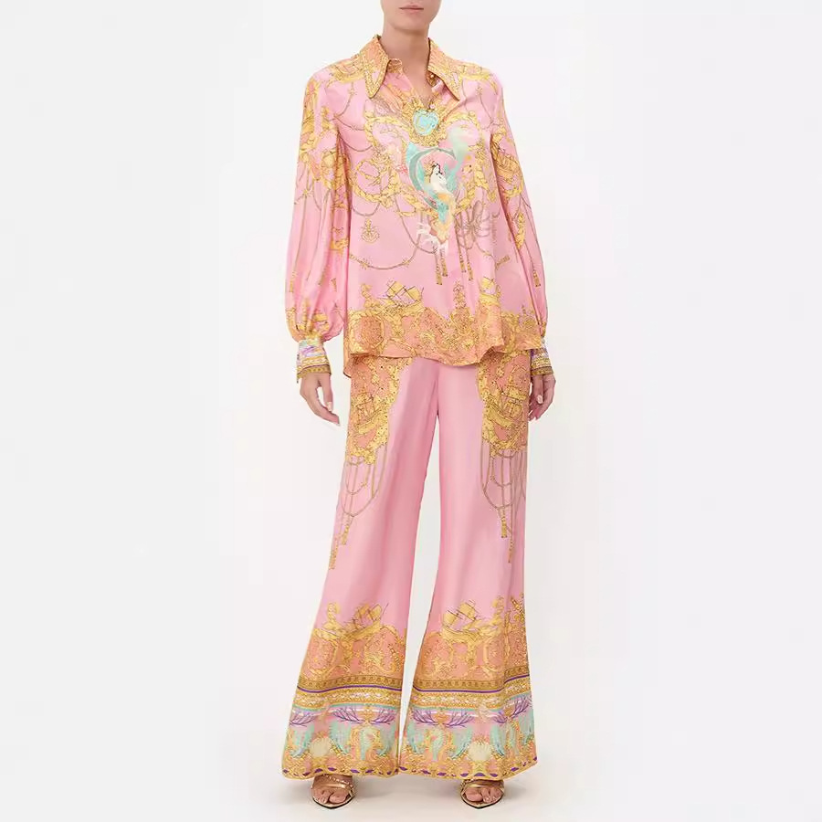 Damenbekleidung Independent Station 2024 Neuer Freizeiturlaub Langärmliges rosa bedrucktes Hemd und Hose Zweiteiliger Anzug für Damen_voghion.com