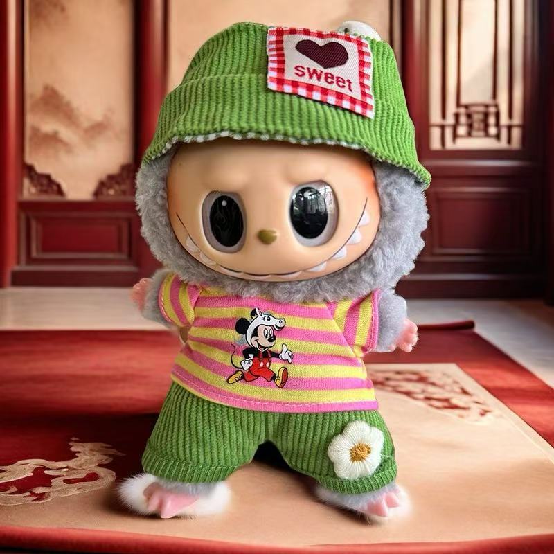 Nuevo conjunto de ropa y gorro de peluche con cara de "Sugar Glue" para muñecas, colgante de peluche, juguete Labuba, amuleto para bolso.