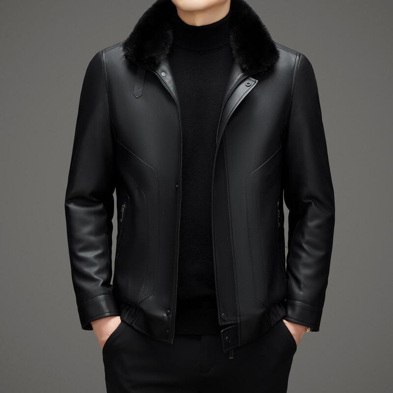 Haining Leather Jacket Men's Winter Clothing Middle-Aged Dad's Mink Fur Collar Goatskin Leather Jacket down Liner Jacket
