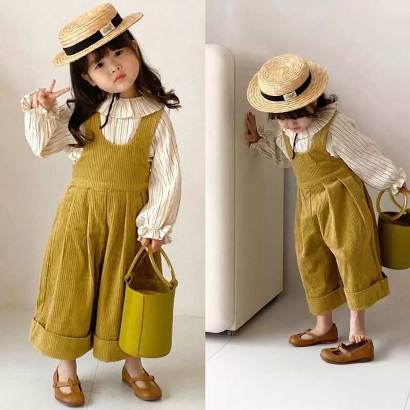 Girls' suit autumn new striped shirt corduroy wide leg suspenders 2-piece set for children a generation of hair