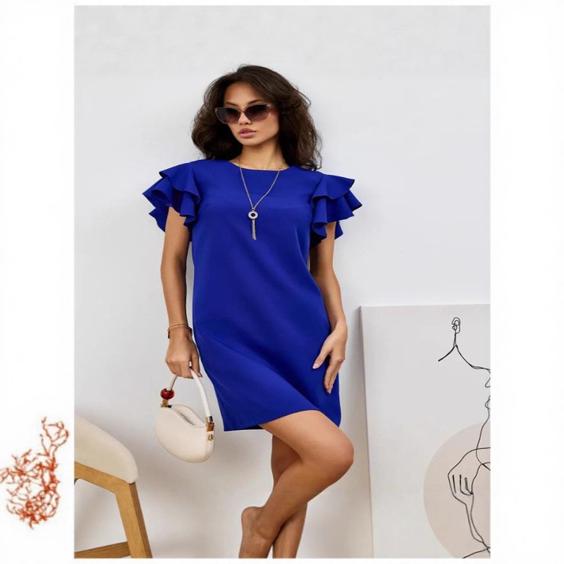 2025 New European and American Cross-Border Ruffled Sleeve Solid Color Dress Women's Summer Fashion Versatile Commuter Short Skirt