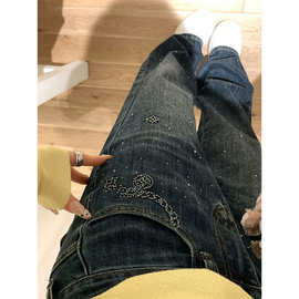 欧货设计感老花烫钻高腰牛仔裤女秋冬宽松阔腿裤小个子裤子