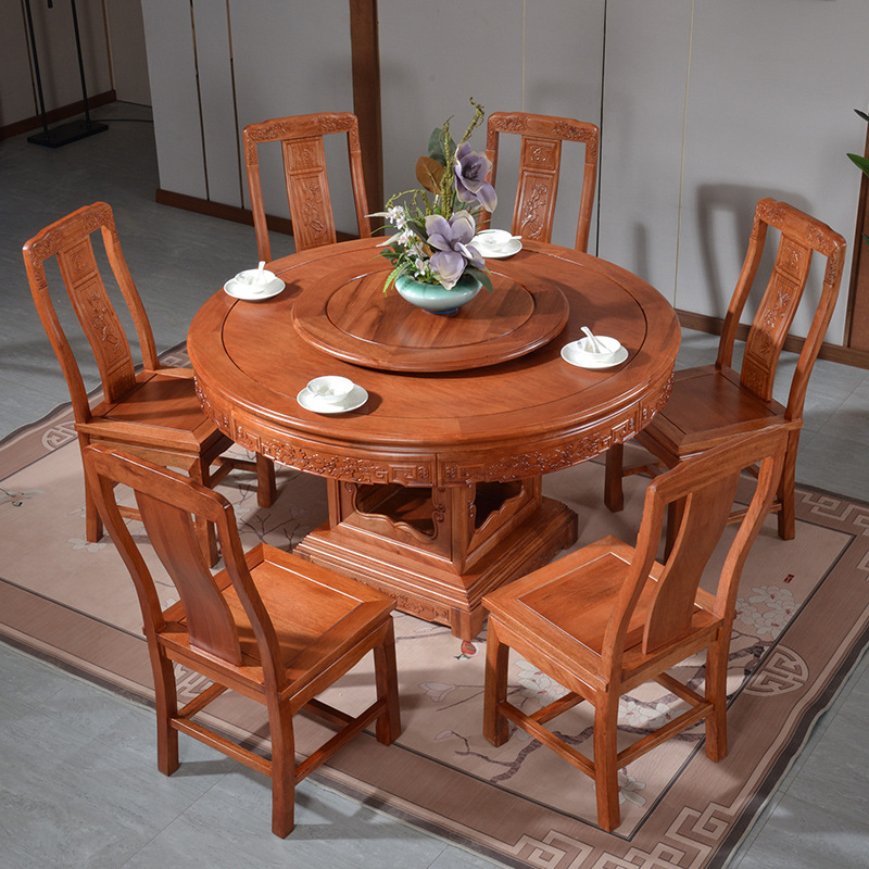 红木餐桌圆桌家用实木餐桌椅组合带转盘花梨木家具吃饭桌子大圆|ms