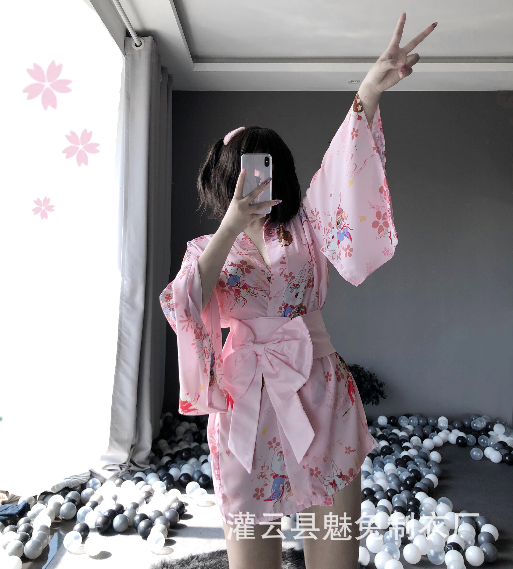 cosplay粉嫩性感睡衣套装新款情趣内衣雪纺日式印花和服1141代发