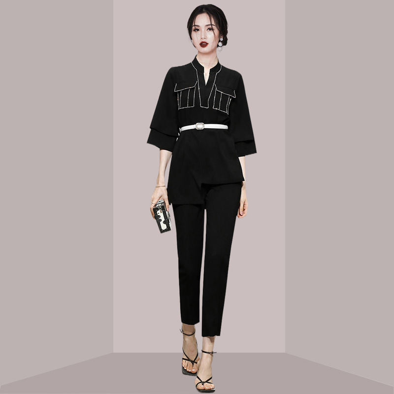 Cross-border early autumn new style strong temperament women's clothing suit goddess style chic shirt high waist slimming professional cropped pants