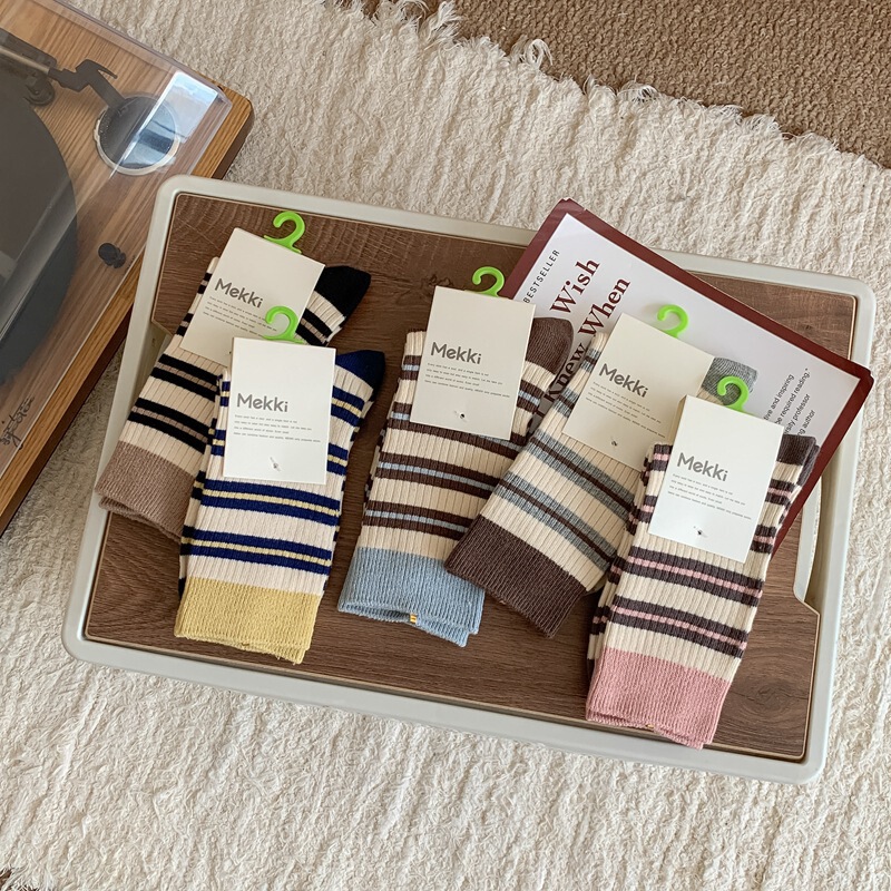 撞色条纹袜子女春秋季双针休闲无骨中筒袜ins潮韩系秋冬堆堆长袜|undefined