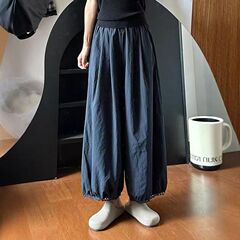 日本製ランタンワイドレッグパンツレディース夏薄い紺パンツ大きいサイズファットmm痩身小花9点パンツ