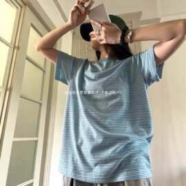慵懒感条纹手绘刺绣短袖t恤女夏季宽松休闲百搭韩系圆领套头上衣