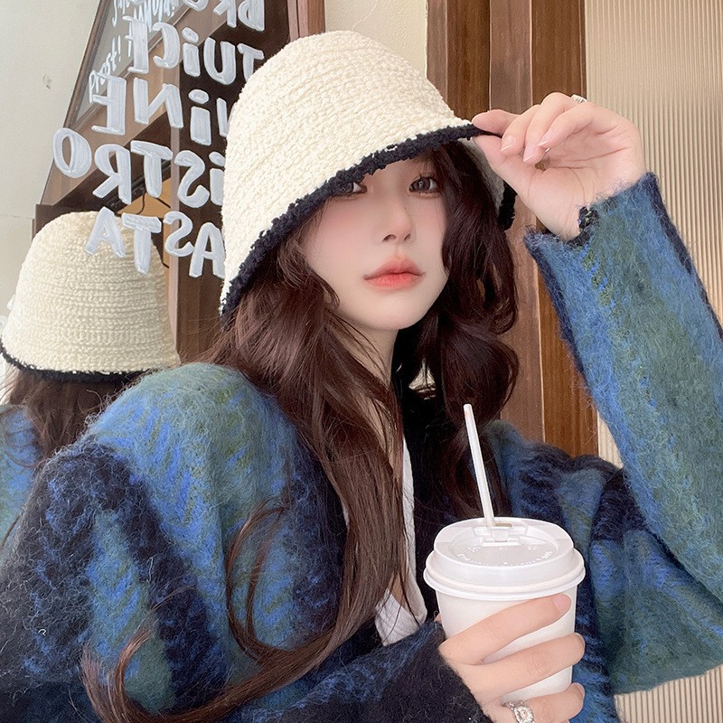 Estilo coreano contraste color borde cubo sombrero mujer Otoño e Invierno moda todo partido cara aspecto pequeño pescador Sombrero estilo japonés de punto cálido cuenca sombrero