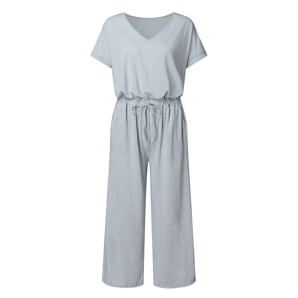 Casual Spring Summer Elastic Waist V neck Wide Leg Jumpsuit for Women