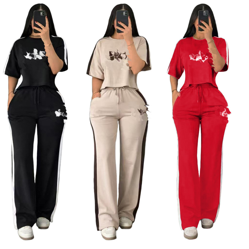 Y71637 European and American women's clothing wholesale, casual sports suit for women, new spring fashion, slimming wide-leg pants two-piece set