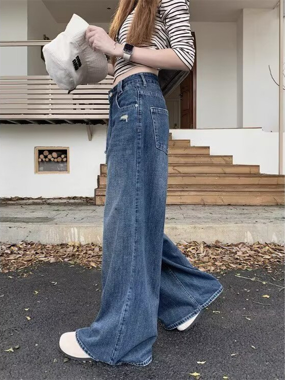 美式复古破洞牛仔裤女2025秋季新款高腰宽松显瘦直筒拖地长裤子|undefined