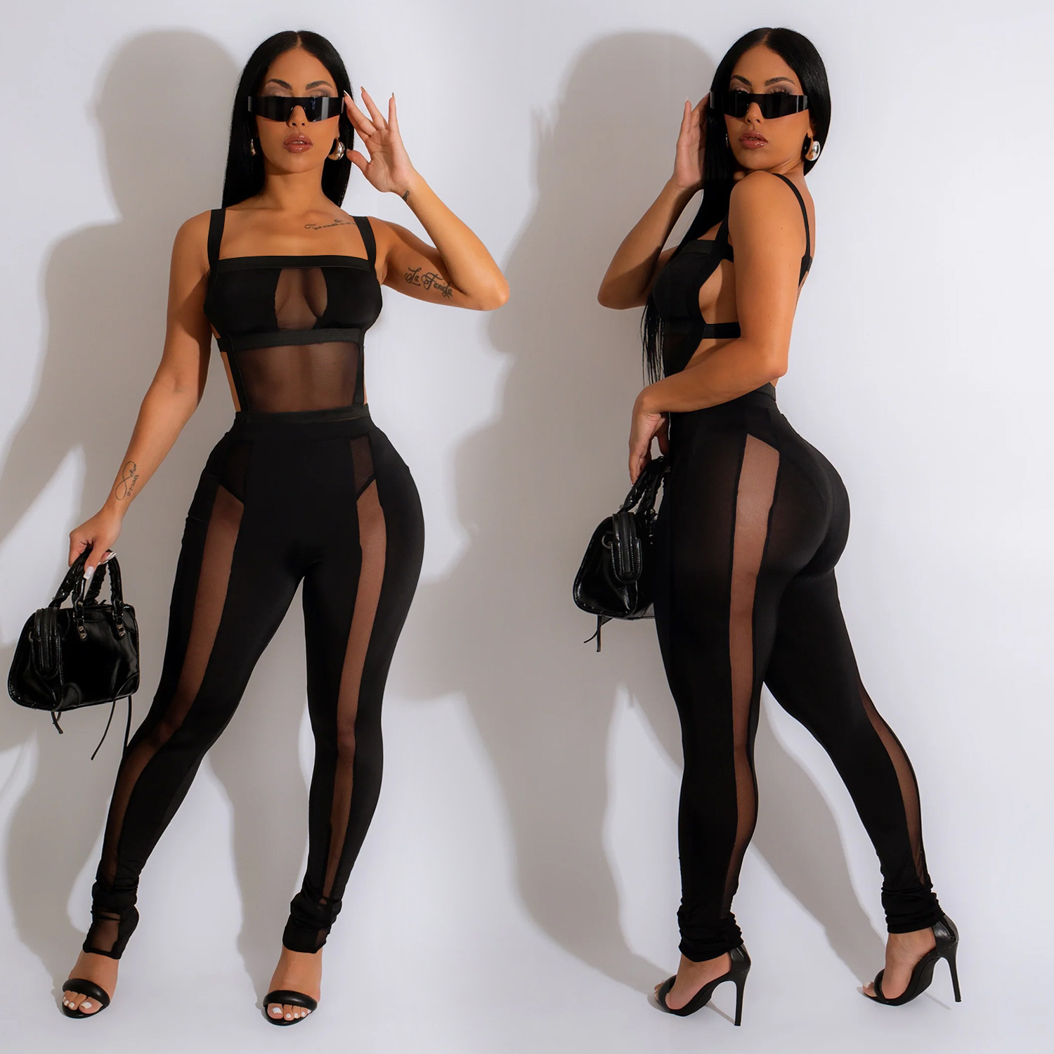 C6332 precio especial no retorno ni cambio de ropa de moda de mujer de malla de color sólido pantalones largos trajes negros para mujeres image 3