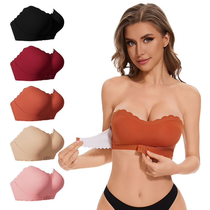 Cross-border European and American Gather Front-breasted Strapless Invisible Underwear Women's Non-slip Silicone Strip Beauty Back Women's Bra Foreign Trade