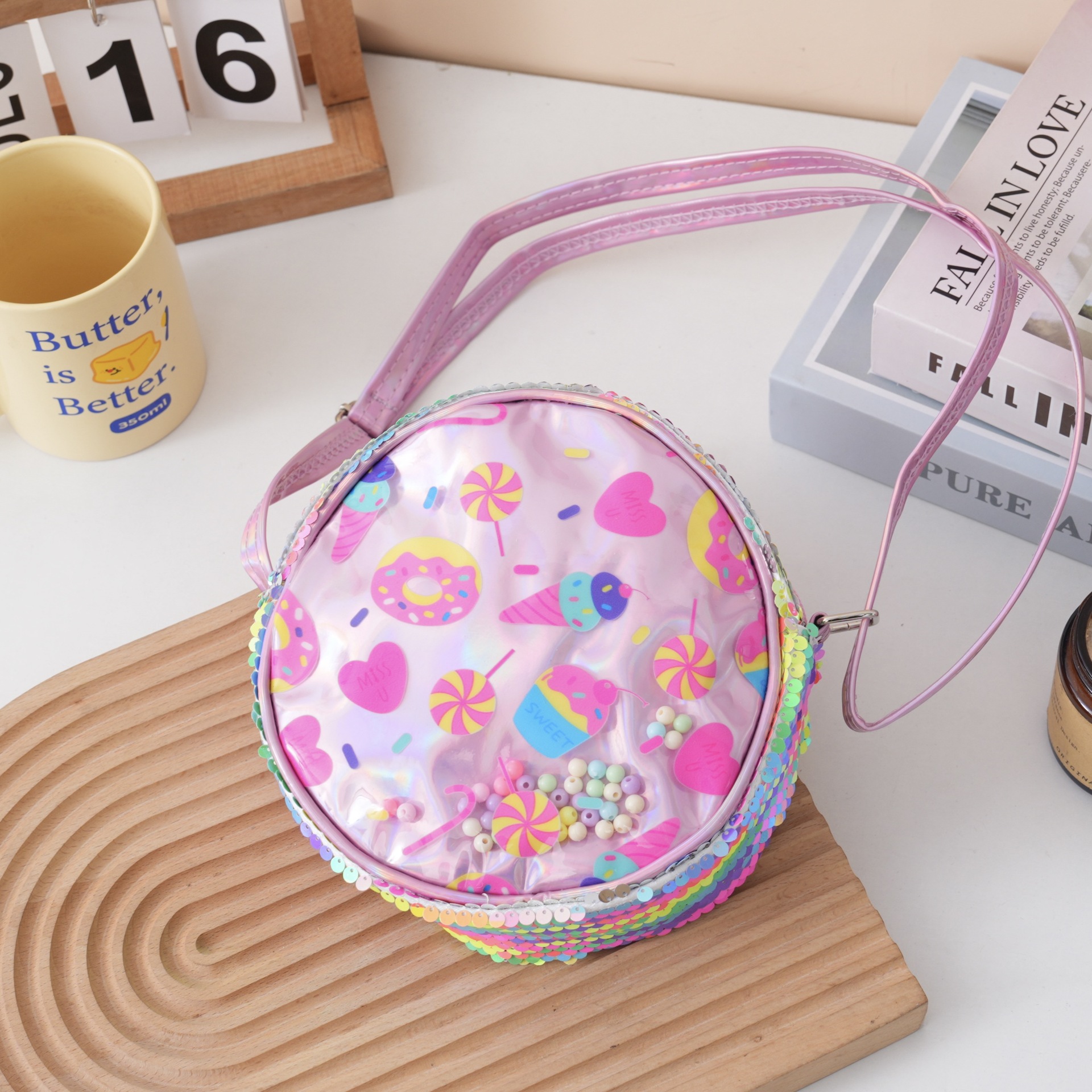 Laser Sequin Round Children's Crossbody Bag, Donut Print Liquid Sand Bead Girls' Small Shoulder Bag, Export