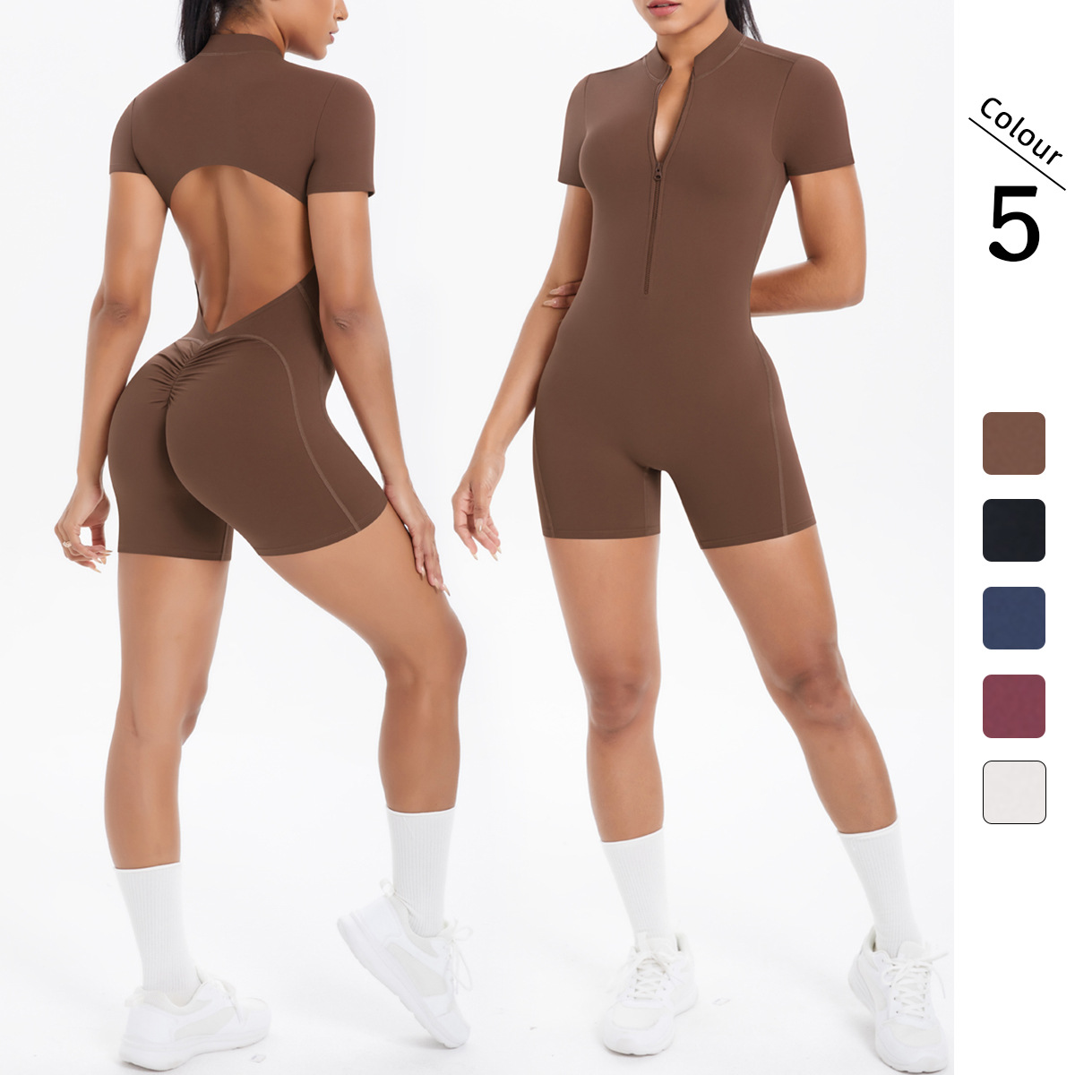New Solid Color Zipper Beauty Back Tight One-piece Yoga Suit Breathable Sports Running Fitness Bodysuit_voghion.com