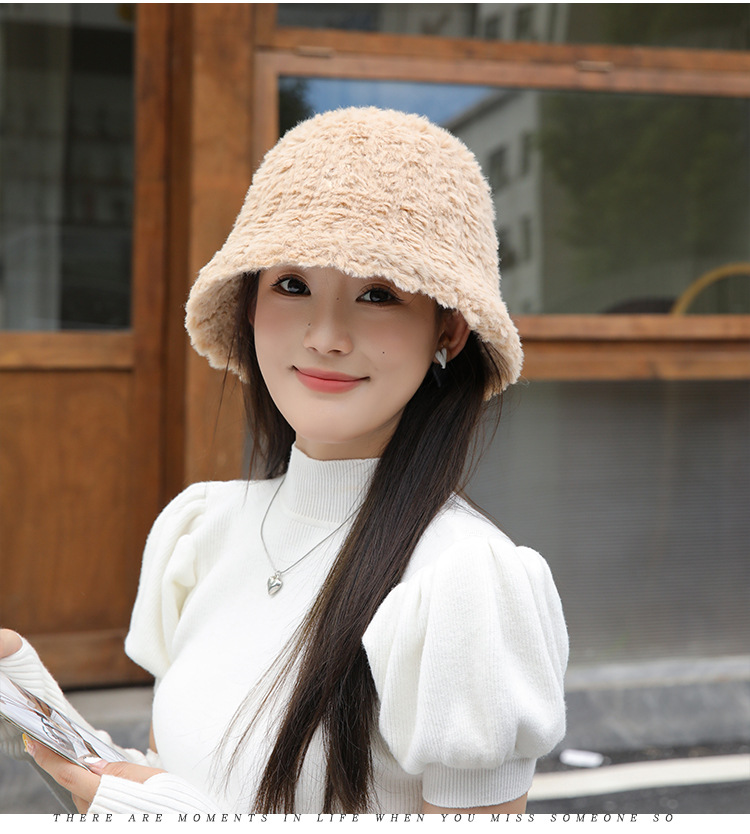 Autumn and Winter New Women's Solid Color Warm Fury Pot Hat with Large Headband, High Quality and Simple Bucket Hat Tide_voghion.com