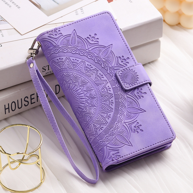 Cross-Border Popular Product Suitable for Samsung S25U Multi-Card Totem Zipper Bag Iphone17 Mandala Card-Insert Flip Leather Case
