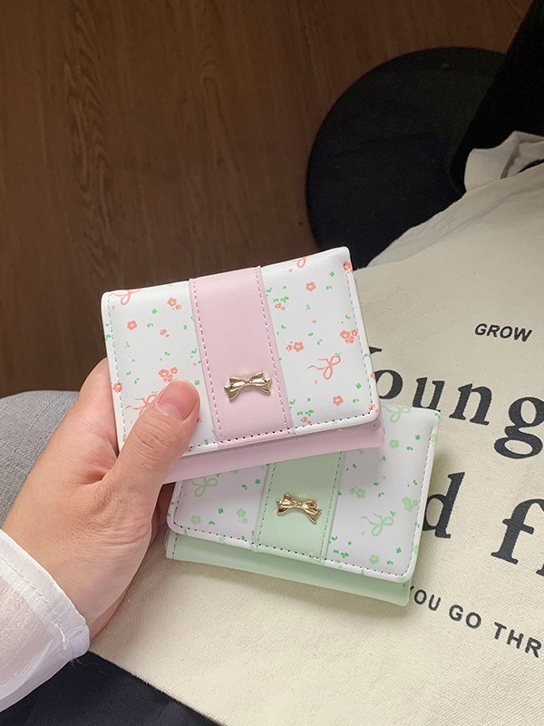 碎花蝴蝶结~钱包女简约短款女士钱包三折学生现货日式财布Purse|undefined