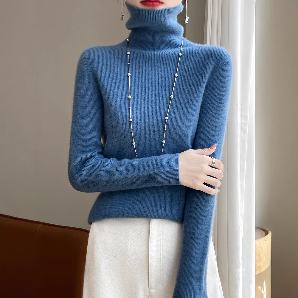 Ready-To-Wear Turtleneck Bottoming Shirt, Seamless Striped Autumn and Winter First-Line Knitwear, New Pile Collar Women's Knitwear, Slim Gray