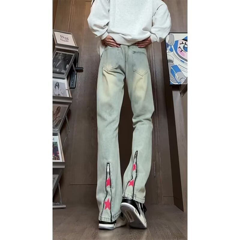 American-style Vibe Washed Straight Loose Wide-leg Jeans Trendy Brand Retro Old-style All-match Design Sense Zipper Pants