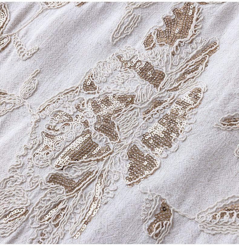 Chân váy linen nữ dáng suông dài vừa, thêu đính kim sa công phu, phong cách quý cô thanh lịch — Màu be chi tiết 16