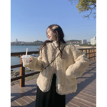 仿羊羔毛外套女秋冬2023新款加厚宽松蕾丝拼接设计感长袖棉衣棉服